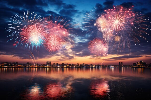 Bannière vibrante du nouvel an avec feux d'artifice et foule en liesse IA générative