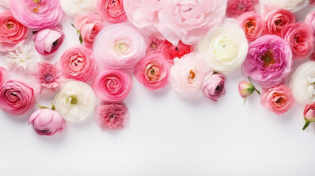 bannière web captivante avec un arrangement floral mettant en vedette des roses anglaises roses ranunculus et des œillets sur une table blanche