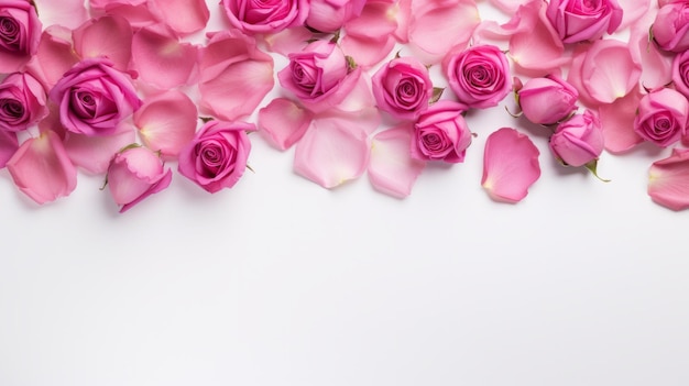 Bannière web décorative. Vue rapprochée de roses roses en fleurs et de pétales isolés sur un fond de table blanc. Composition du cadre floral. Espace vide, couche plate, vue supérieure.