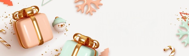 Bannière web de Noël Conception de Noël avec des cadeaux de décoration réalistes boîte couleur bleu et rose 3d cônes d'arbre de canne de bonbon de flocon de neige