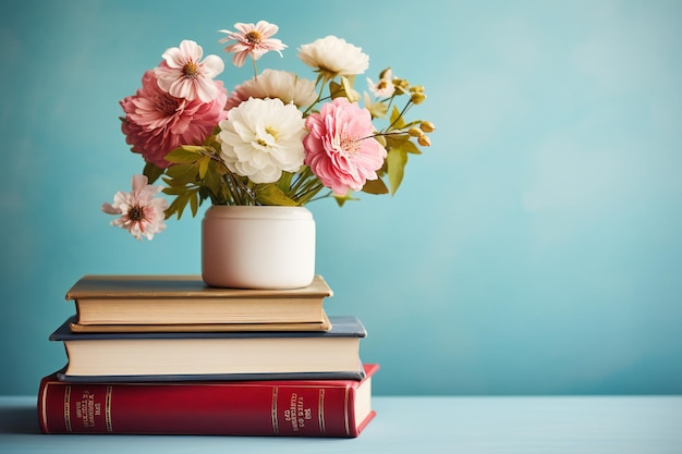 Bannière Web de pile de livres et vase à fleurs avec texte de la zone de copie