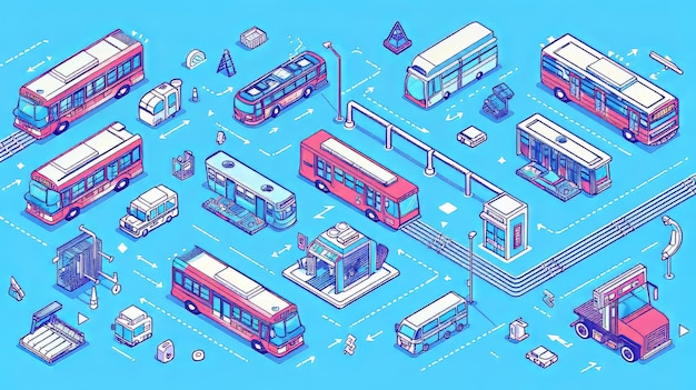 Une bannière web de transport avec des voitures, des trolleybus, des camions et des bus, des ventes d'automobiles ou des expositions, des agences de location, des entreprises, des concepts d'art de ligne moderne.