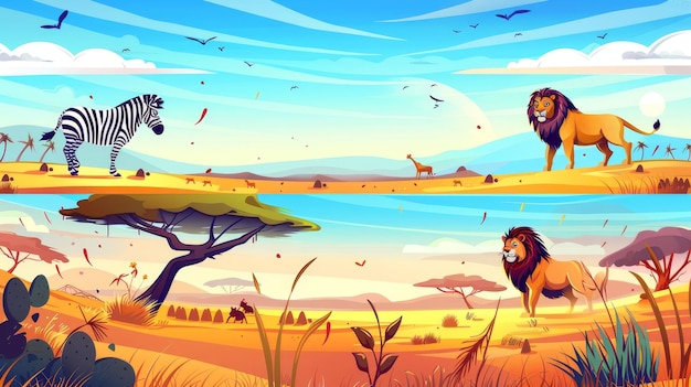 Bannières d'animaux africains avec des zèbres et des lions dans la savane Pages d'atterrissage modernes du parc de safari avec des illustrations de dessins animés d'animals sauvages et de paysages de savane