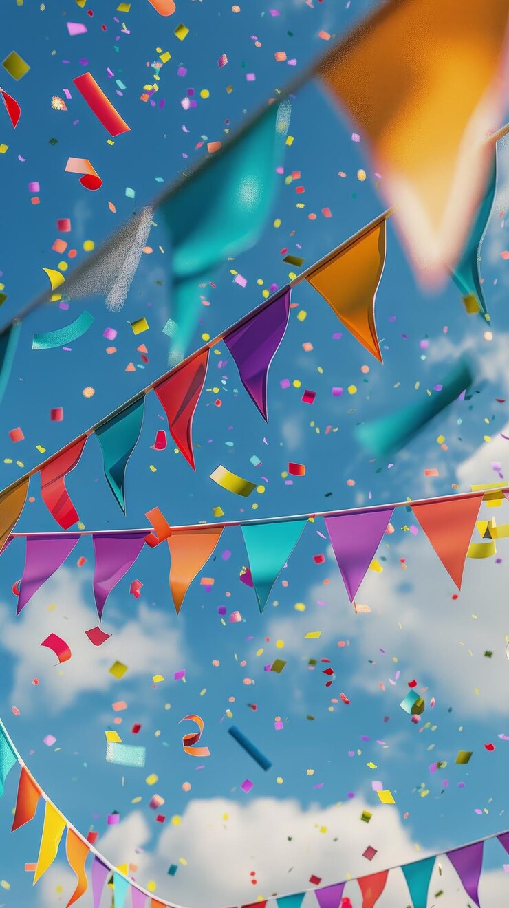 Bannières d'anniversaire accrochées dans un ciel de célébration style 3D objets volants isolés style Memphis rendu 3D illustration générée par AI