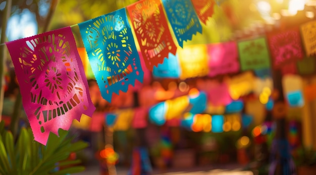 Photo des bannières colorées de papel picado lors d'une fête en plein air