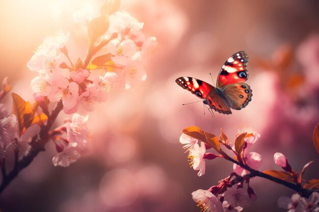 Bannières de printemps branches de cerises en fleurs sur le fond du ciel bleu et des papillons sur la nature en plein air fleurs de sakura roses image romantique panorama de paysage de printemps générer ai