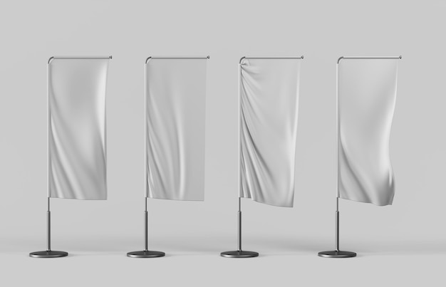 Bannières rectangulaires verticales blanches et fanions sur le poteau Set d'icônes de rendu 3D Maquette réaliste d'affiches de promotion de tissus vides annonçant des bannières textiles sur des piliers noirs en métal Illustration 3D