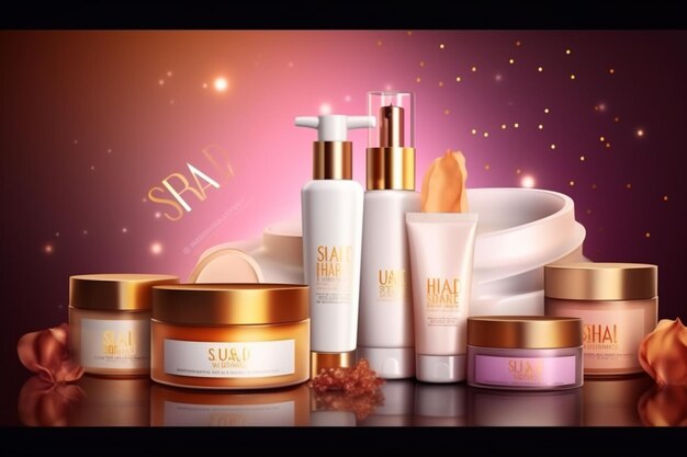 Photo bannières de vente anniversaire avec ensemble de produits de soins de la peau sur fond glitterng