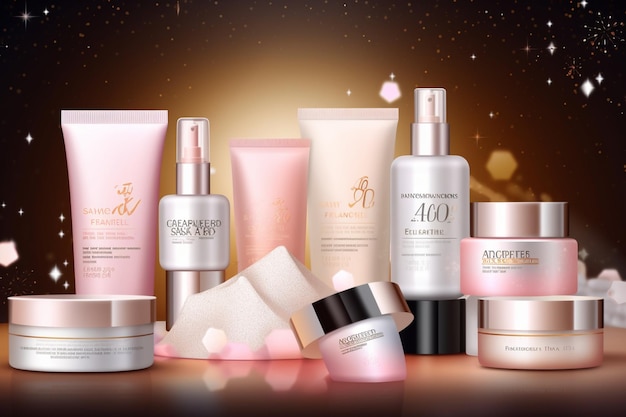 Photo bannières de vente anniversaire avec ensemble de produits de soins de la peau sur fond glitterng