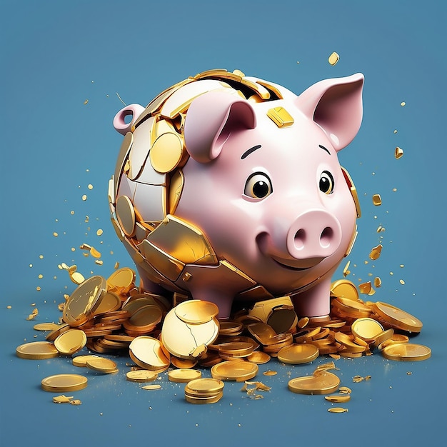 Banque de cochons cassée avec illustration de pièces d'or