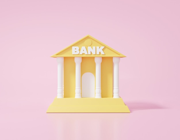 Banque jaune bâtiment icône entreprise investissement finance concept argent transaction sécurité minimal cartoon style sur fond rose rendu 3d illustrtion