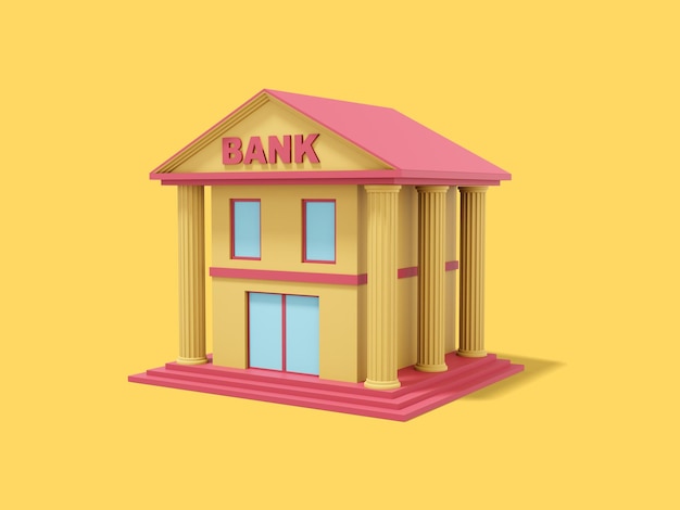 Banque jaune avec toit rouge bâtiment avec colonnes sur fond jaune vue isométrique rendu 3d