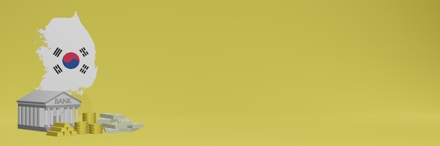 La Banque Avec Des Pièces D'or En Corée Pour La Télévision Sur Les Réseaux Sociaux Et Les Couvertures De Fond De Site Web Peut être Utilisée Pour Afficher Des Données Ou Des Infographies Dans Un Rendu 3d.