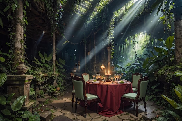 Banquet du temple de la jungle cachée Ruines envahies par la végétation Faune exotique et festin mystique