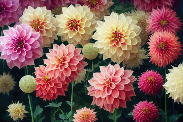 Banquet de fleurs de dahlia beau fond d'arrangement de fleurs spectaculaire