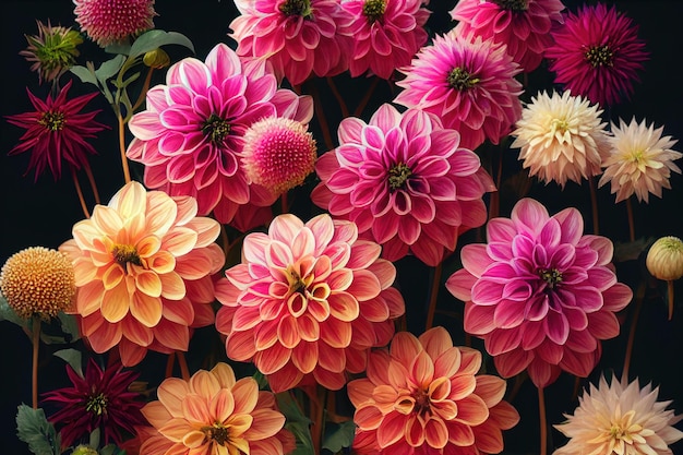 Banquet de fleurs de dahlia magnifique décor floral spectaculaire à l'arrière-plan
