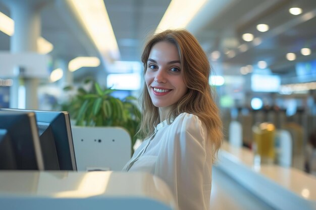 Photo une banquière caucasienne dévouée aide les clients dans une succursale de banque moderne