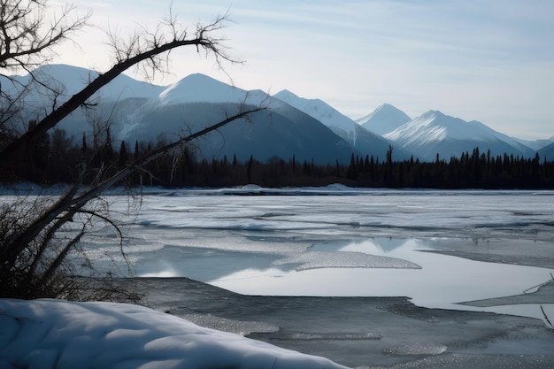 Banquise dérivant en aval avec des arbres gelés et des montagnes en arrière-plan