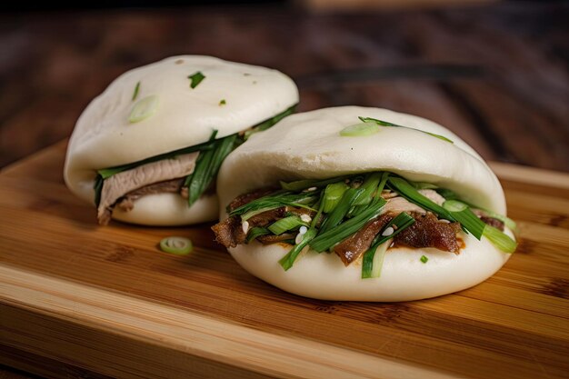 Photo bao bun frais et chaud du four avec des garnitures savoureuses comme le sésame à l'oignon vert