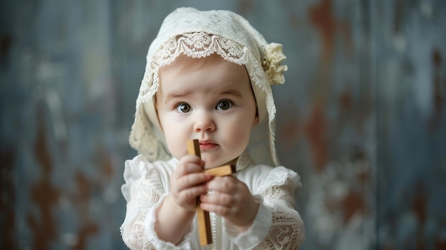 le baptême d'un bébé une fille avec une croix dans les mains