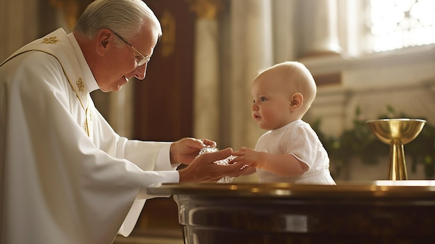 Baptême IA générative et prêtre abreuvant l'enfant