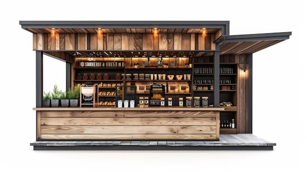 Bar en bois avec des étagères à boissons alcoolisées