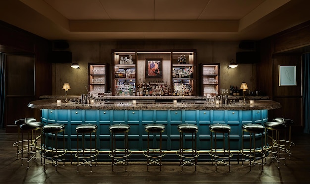 un bar avec des chaises bleues et un panneau qui dit bar de citation