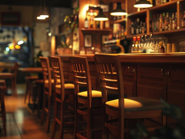 Un bar avec des chaises en bois et un comptoir