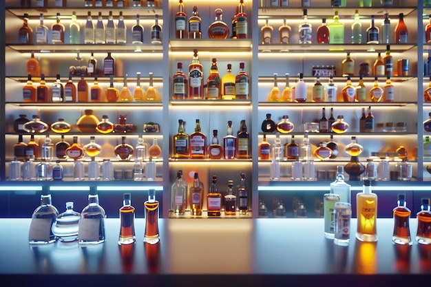 Un bar à cocktails élégant avec des étagères bordées de variétés