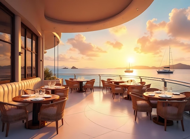 Un bar confortable sur un ferry de luxe avec vue sur une île tropicale
