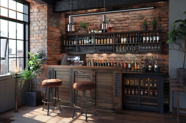 Bar à domicile industriel chic avec octane de brique exposée