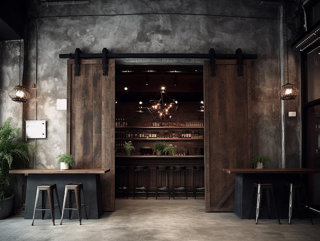 Photo le bar du restaurant est entouré d'un mur qui a une porte en bois qui dit 