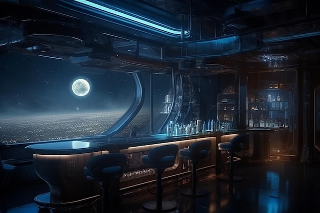 Bar futuriste dans un vaisseau spatial avec vue sur la galaxie