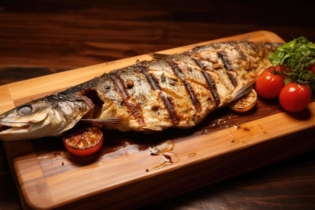 Bar grillé avec marques de grill sur une planche de bois