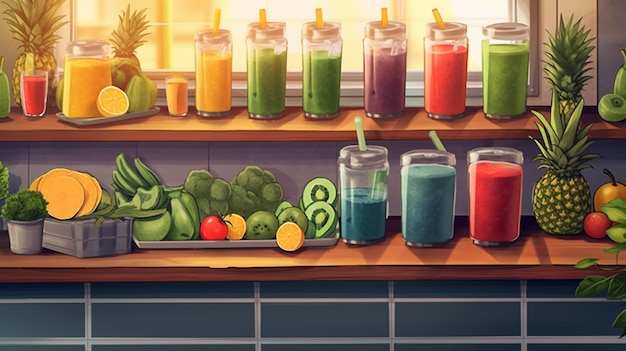 Un bar à jus avec des légumes et des fruits frais