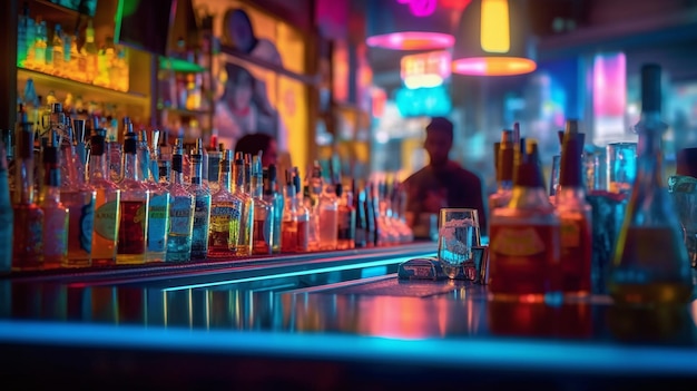 Un bar avec un panneau au néon qui dit "le bar est ouvert"