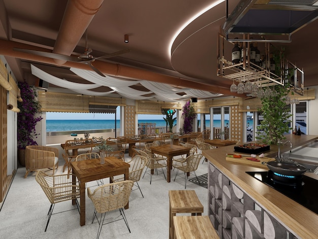 bar de plage avec style boho dans la mer Méditerranée