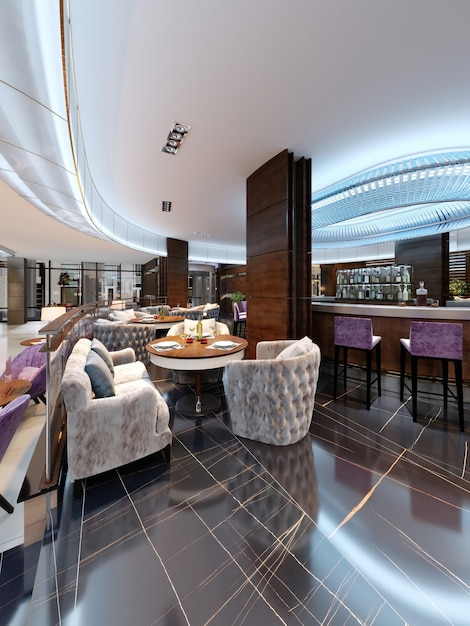 Bar-restaurant moderne dans un style luxueux et moderne avec un mobilier et un éclairage élégants. rendu 3D