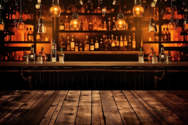 Un bar avec une table en bois et des lumières dessus