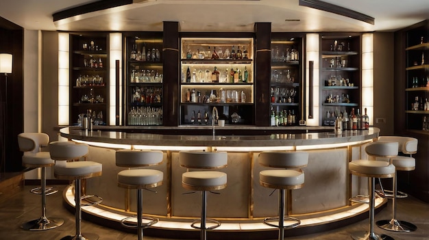 un bar avec des tabourets et des tables de bar avec un bar en arrière-plan