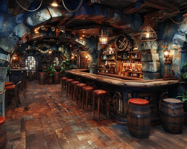 Bar à thème pirate avec décor de navire et cocktails au rhum