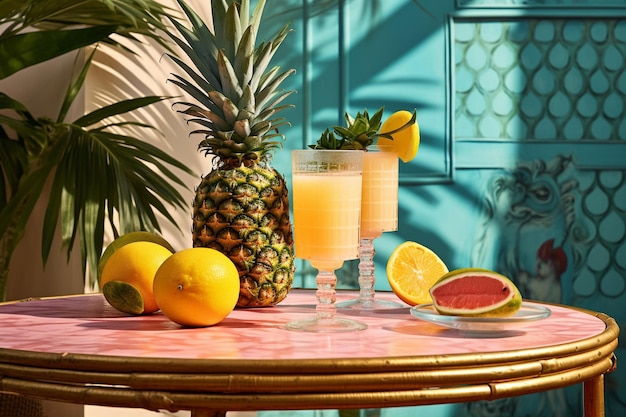 Un bar à thème tropical avec des bouteilles de jus d'ananas