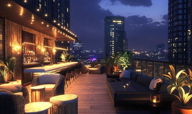Un bar sur le toit avec une vue sur la ville la nuit
