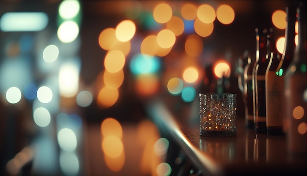 Un bar avec un verre sur la table et des lumières en arrière-plan