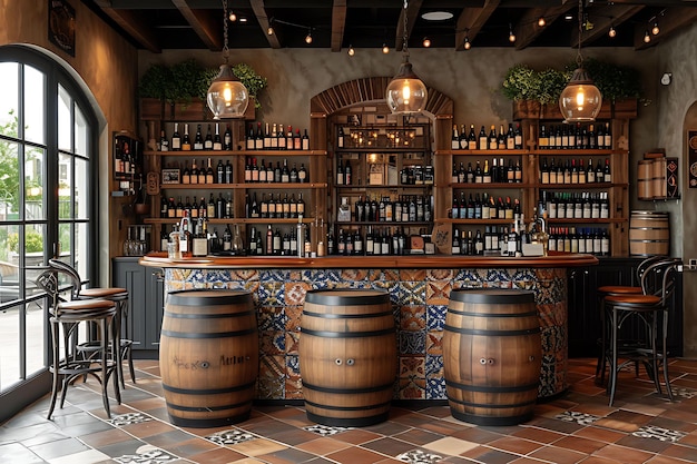 Bar à vin confortable d'inspiration espagnole avec bar en mosaïque, comptoir Wi-Fi, disposition intérieure, décor créatif