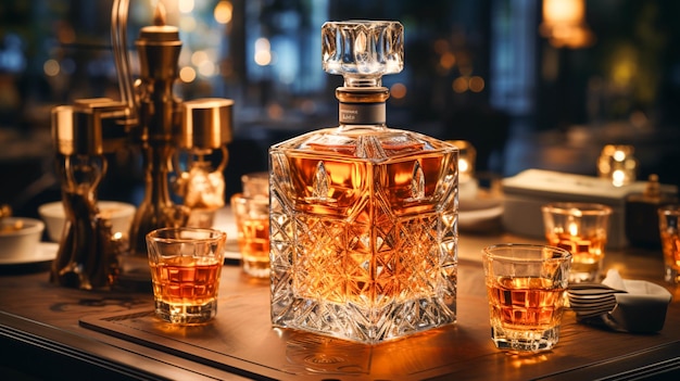 Bar à whisky de luxe table en bois bouteille en verre élégance dorée