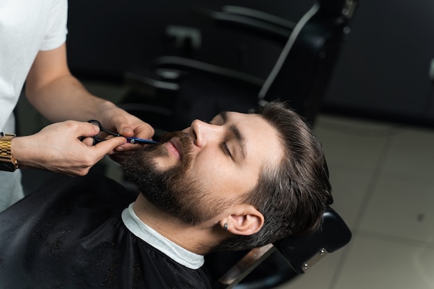 Barbe de coupe de cheveux avec des ciseaux pour un gentleman dans un salon de coiffure à la mode. Coiffeur professionnel.