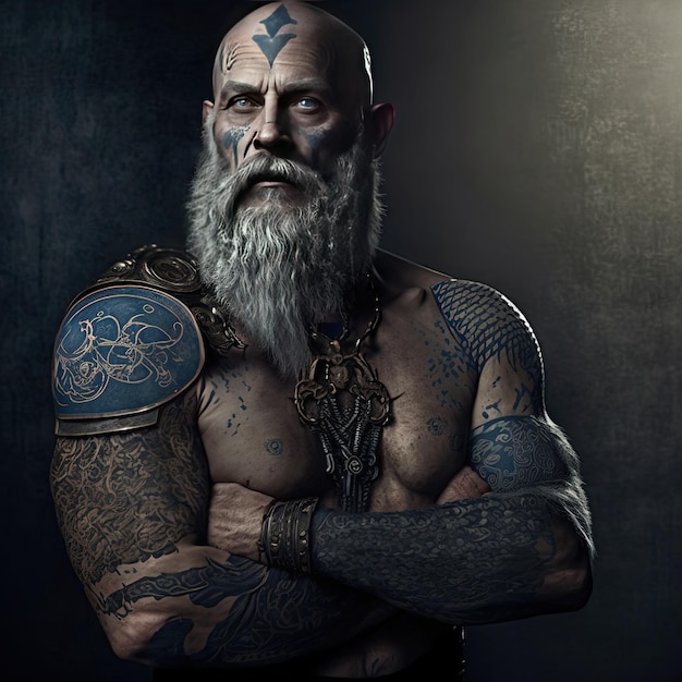 Barbe gris viking résolue et peinture de guerre sombre