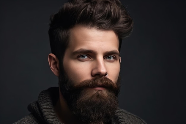 Barbe parfaite gros plan de jeune homme barbu debout sur fond gris