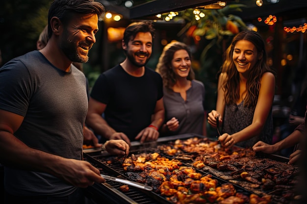 Barbecue animé entre amis viandes succulentes rires et bonne bouffe IA générative